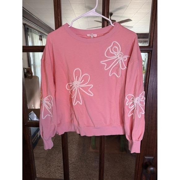 easel Tops - Easel Los Angeles Pink Bow Applique Sweatshirt Crew Neck Long Sleeve Womens M